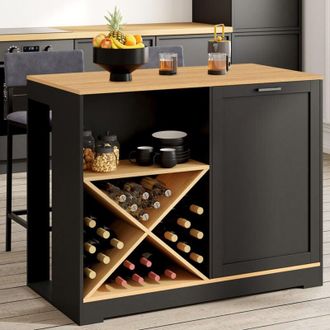 IDMarket Vito Mesa de bar en isla de 113 cm con portabotellas de madera negra y tablero de aspecto haya