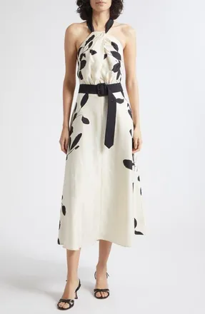 Reiss Libby Floral Jacquard Halter Neck Midi Dress in Ivory/black at Nordstrom, Size 10
