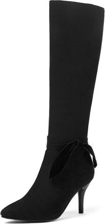 Generic Womens Elegant Bowknot Decor Stiletto High Heel Pumps Shoes Pointed Toe Side Zipper Knee High Boots for Party Evening (Black,5.5)