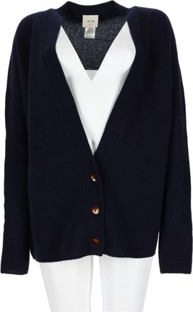 Alysi Navy V-Neck Cardigan Sweater With Ribbed Detailing