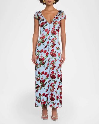 Alice & Olivia Tara Short Sleeve Ruffle Maxi Dress In Blue Multi