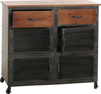 Hhg Nunca Usado] C&oacute;moda Hhg 081, Mueble, Ruedas 2 Cajones, Estructura 3d Retro Industrial Metal Madera 90x100x40cm, Negro, Marr&oacute;n
