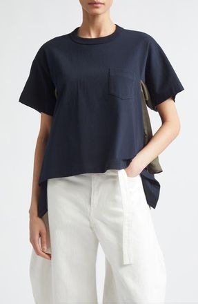 sacai Mixed Media Cotton Jersey & Satin Pocket T-Shirt in Navy/Khaki at Nordstrom, Size 1