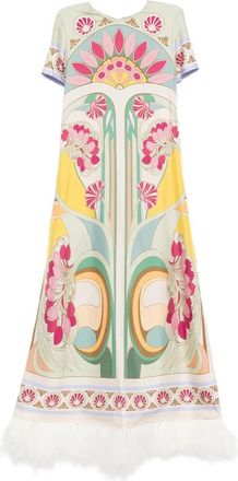 La DoubleJ Tulip Plac&eacute;e-print Feather-trim Maxi Dress