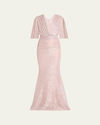 Talbot Runhof Floral Metallic Draped V-Neck Gown
