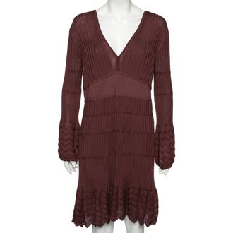 M Missoni Burgundy Patterned Knit Long Sleeve V-Neck Dress
