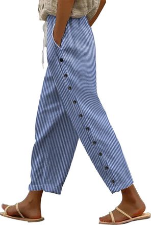 Generic Women Bow Tie High Waist Pencil Cropped Pant Slim Fit Casual Trouser Womens Cotton and Linen Striped Elastic Waistband High Waistband Pocket Pants Sid