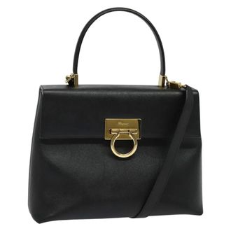 Ferragamo Gancini Convertible Top Handle Leather Black Leather Handbag (Pre-Owned)
