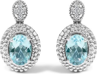 House of Brilliance 925 Sterling Silver Diamond Accent and Oval Blue Topaz with Beaded Halo Drop Stud Earrings