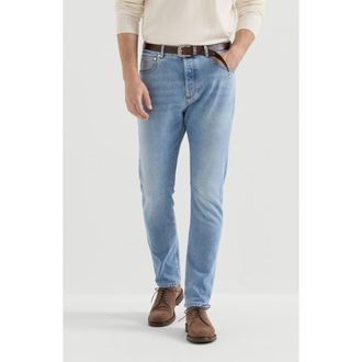 Brunello Cucinelli Comfort cotton denim leisure fit five-pocket trousers in Light Denim at Nordstrom, Size 48