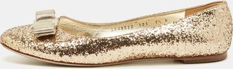 Ferragamo Gold Glitter Varina Bow Ballet Flats