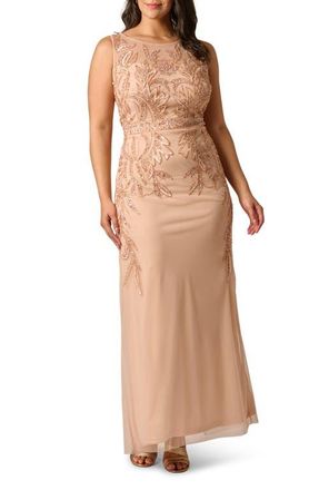 Adrianna Papell Bead Embellished Evening Gown in Rose Gold at Nordstrom, Size 14W