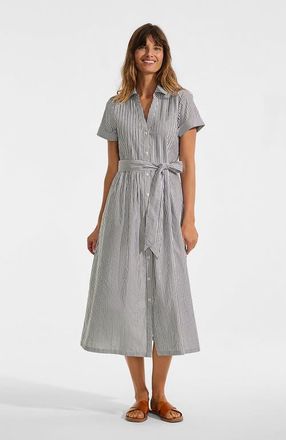 Lands End Poplin Pintuck Detail Shirt Dress in Rich Coffee Pinstripe at Nordstrom, Size X-Large