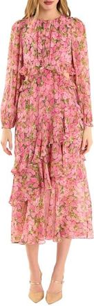 endless rose Floral Long Sleeve Waist Cutout Chiffon Dress in Pink Multi at Nordstrom, Size X-Small