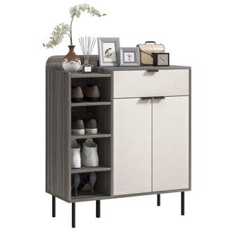 HOMCOM Hallway Shoe Cabinet With 3 Adjustable Shelves Graphite Wood Effect | TJ Hughes