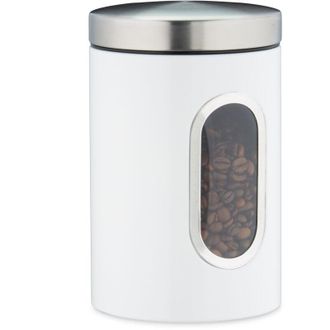 Relaxdays 4 X Recipiente De Almacenamiento, 1,4 L, Con Tapa Y Ventana, Para Caf&eacute;, Harina, Pasta, Bote Para Cocina, Metal, Blanco