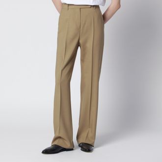 Max Mara Pantalone ampio in popeline di lana e seta color Cammello