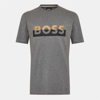HUGO BOSS Mens Regular Fit Lettering Crew Neck T-Shirt in Medium Grey - Size Medium