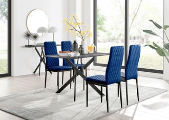 Furniturebox Leonardo Grey Glass Marble Effect Black Leg Table & 4 Velvet Milan Black Leg Chairs in Navy