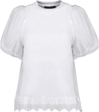 Simone Rocha Womens Tulle Overlay Puff Sleeve Lace Blouse White Cotton