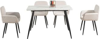 Urban Meuble Conjunto de mesa efecto mármol blanco y 4 sillas de tela beige