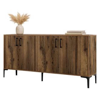 Dmora Aparador Pollein, Alacena 2 Estantes, 4 Puertas, 4 Compartimentos, 180x35x78h Cm Marr&oacute;n Nogal