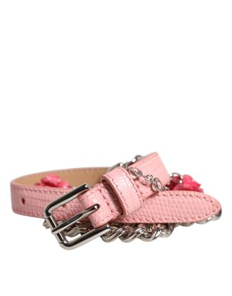 Dolce & Gabbana Womens Pink Embelished Roses Textured Leather Belt Brass