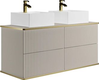 Vente-Unique Mobile Bagno Sospeso Con Scanalature Con Profilo Dorato Con Doppio Lavabo Da Appoggio Quadrato Beige 120 Cm - Keliza