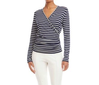 Karen Kane Long Sleeve Side-Shirred Crossover Top In Stripe
