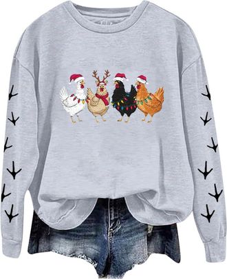 Generic Christmas Chicken Jumper WomenS Christmas Sweatshirts Funny Christmas Retro Print Crew Neck Sweatshirt Casual Long Sleeve Pullover Oversized Dressy Tr