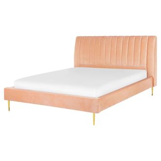 Beliani Beliani - Cama Con Somier De Terciopelo Rosa Melocot&oacute;n 160 X 200 Cm Reposacabezas Alto Vintage