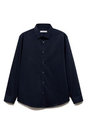 Mango Stretch Button-Up Shirt in Dark Navy at Nordstrom, Size Small