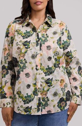 Foxcroft Hampton Floral Long Sleeve Cotton Shirt in White/multi at Nordstrom, Size 1X