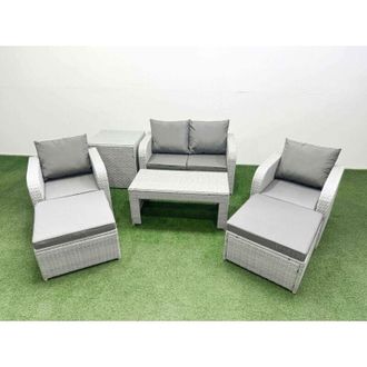Fimous Light Grey pe Wicker Rattan Garden Furniture Set Sofa Set Reclining Adjustable Chair Oblong Coffee Table 6 Seater 2 Big Stools 2 Side Table - Fimous