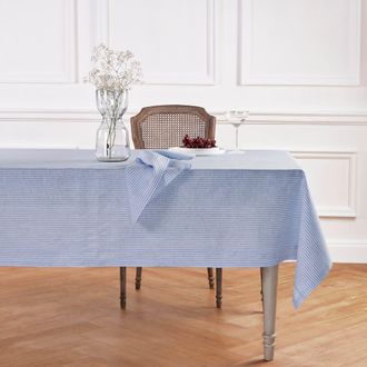 Solino Home Linen Tablecloth for Dining Table, Holiday and Everyday Dining Table Decor - Narrow Stripe in Cornflower Blue And White at Nordstrom