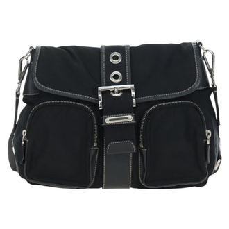Prada Double Pocket Buckle Flap Tessuto And Leather Black Nylon Handbag (Pre-Owned)