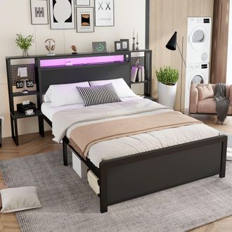 Matteo Metal Bed, Iron Bed, 4ft6 Double Bed With Multi-Color LED Strip Lights & Charging Port in Black | Size: Single Fitted