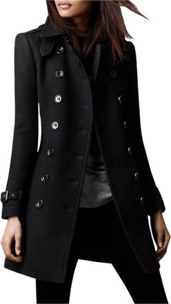 Generic Womens Double Breasted Trench Coat, Long Peacoat Trench Button Down Coats, Stand Collar Casual Overcoat (Black,S)
