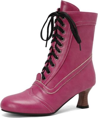 Generic Womens Kitten Heel Vintage Victorian Boots Lace Up Short Boots with Side Zipper Closed Round Toe Dress Shoes,Fuchsia,10.5 UK