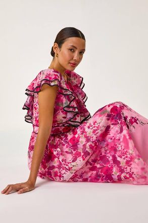 Roman Floral Frill Organza Midi Dress