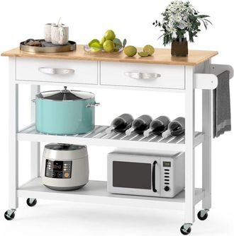 Costway Carrello di servizio a 3 ripiani con piano di lavoro in legno, 2 cassetti, 2 ripiani aperti e ruote bloccabili, 116 x 43 x 89 cm Bianco