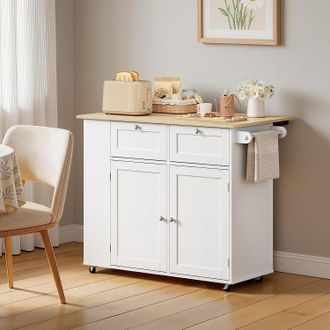 Woltu Woltu Isla De Cocina Con Ruedas, 3 Estantes Laterales Y 2 Cajones, Almacenamiento Que Ahorra Espacio, Roble Claro + Blanco
