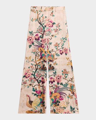 Roberto Cavalli Chinoiserie Printed Silk Wide-Leg Trousers