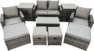 Fimous 8 Seater Wicker pe Rattan Furniture Outdoor Coffee Table Double Seat Sofa 4 Stools 2 Side Tables Set Dark Grey Mixed - Fimous