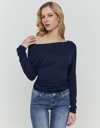 Tally Weijl Langarmshirt TALLY WEIJL STSPEVALAISA, Damen, Gr. L, nuit, Jersey, Obermaterial: 95% Viskose, 5% Elasthan, unifarben, figurbetont normal, U-Boot-Aussc