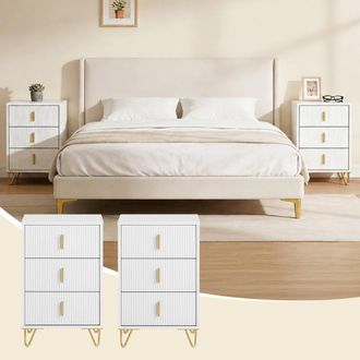 SoBuy Set of 2 Bedside Table 3 Drawer - Nightstand Ribbed Front & Gold Legs - H63cm in White
