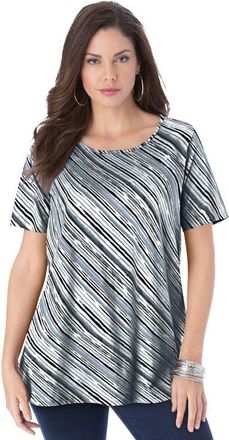 Roaman's Plus Size Ultimate Cotton Crewneck Short Sleeve Swing Tee in Grey Bias Stripe at Nordstrom, Size Medium