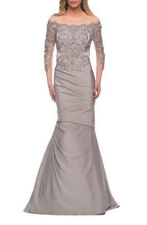 La Femme Satin Mermaid Gown with Off the Shoulder Lace Bodice in Silver at Nordstrom, Size 10
