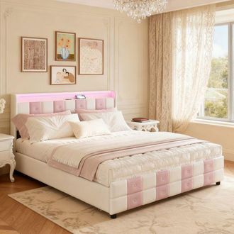 OEM Lit 140x190pocketpopterciopelo Blanco Y Rosa-cama Con Somier De Lamas, Led Y Puertos Usb, 2 Plazas, Cajones