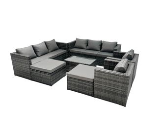 Fimous 10-seater Patio Coffee Table Sofa Set with 2 Big Stools in Dark Grey